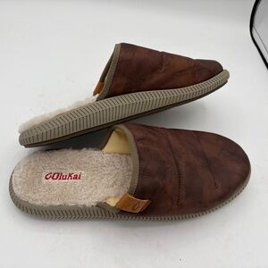 Olukai Men's Mua 'Ili Mule Slipper Sz 9 Leather Dark Wood/Silt Shearling